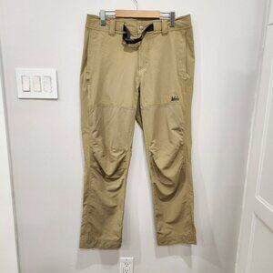 REI Co-op Screeline Pants Mens 34 x 30 Tan Belted Stretch Hiking Travel Fishing